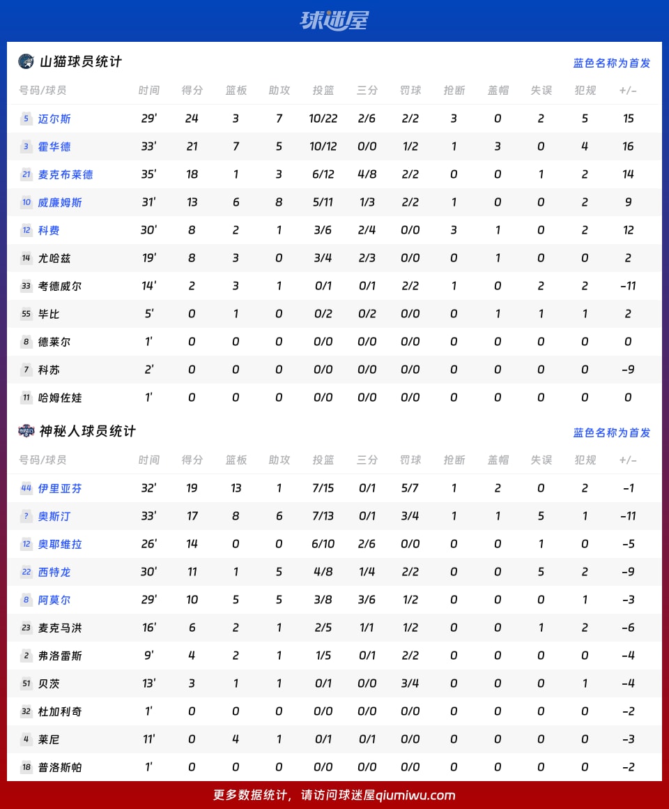 山猫vs神秘人球员数据