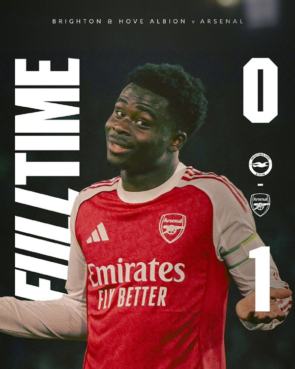 英超-阿森纳1-0布莱顿 拉亚失误加布里埃尔关键解围 萨卡制胜
