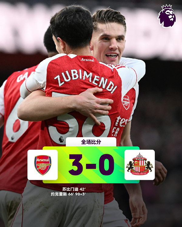 英超-阿森纳3-0桑德兰 苏维门迪贴地斩 约克雷斯近6场5球