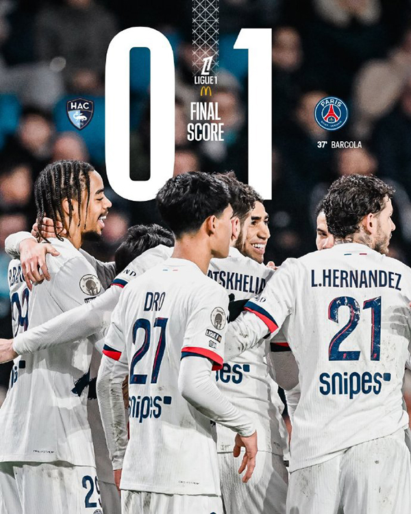 法甲-巴黎1-0勒阿弗尔 巴尔科拉制胜 杜埃失点