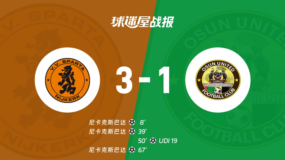 【荷兰杯预赛2】尼卡克斯巴达vsUDI 19比赛结果:尼卡克斯巴达(3-1)UDI 19比分战报(2026年09月24日)