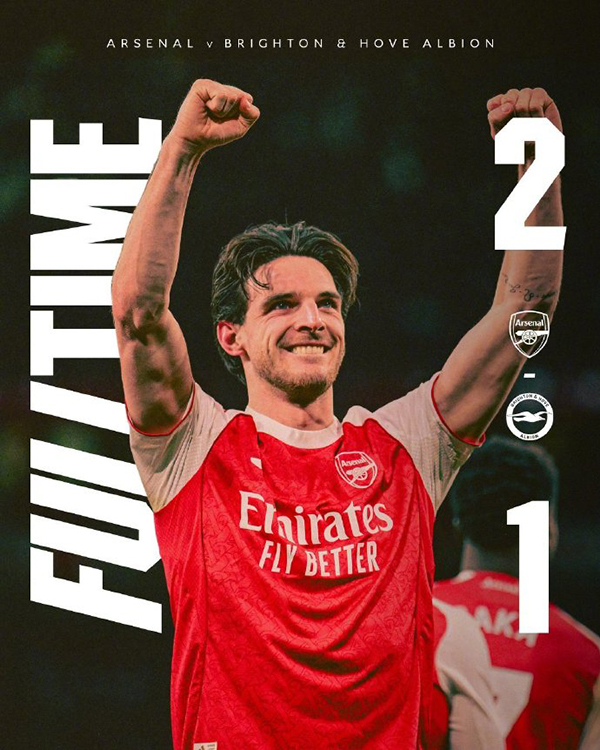 英超-阿森纳2-1布莱顿 赖斯造乌龙 加布复出