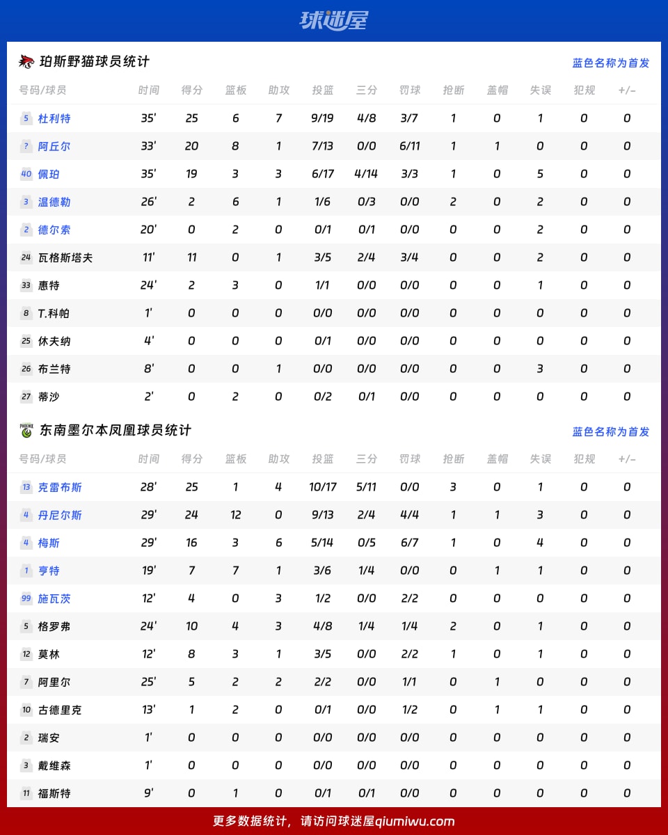 珀斯野猫vs东南墨尔本凤凰球员数据