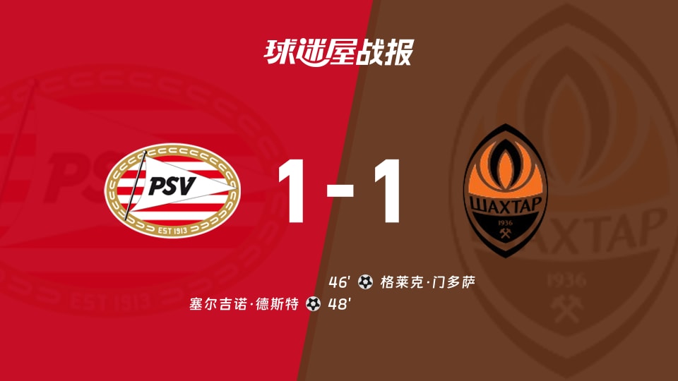 【欧冠联赛阶段第1轮】埃因霍温vs顿涅茨克矿工比赛结果:埃因霍温(1-1)顿涅茨克矿工比分战报(2026年09月11日)