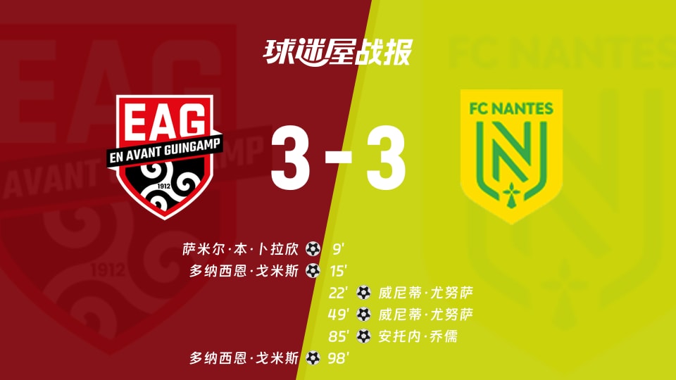 【法乙联赛第4轮】甘冈vs南特比赛结果:甘冈(3-3)南特比分战报(2026年08月30日)