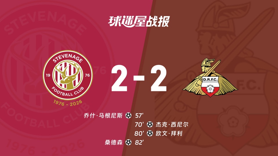 【英甲联赛第3轮】斯蒂夫尼奇vs唐卡斯特比赛结果:斯蒂夫尼奇(2-2)唐卡斯特比分战报(2026年08月29日)