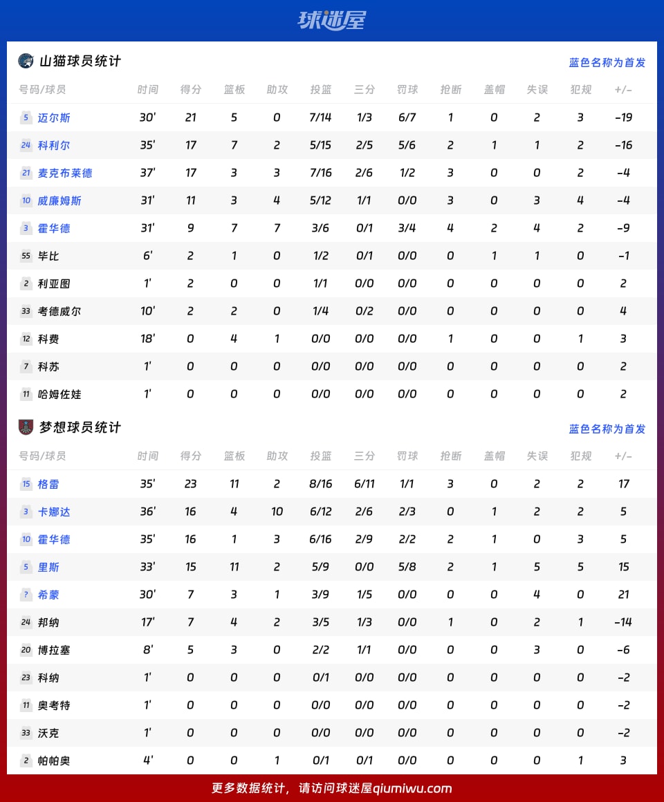 山猫vs梦想球员数据