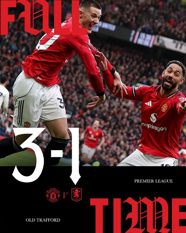 英超-曼联3-1阿斯顿维拉 B费助攻双响 破小贝纪录