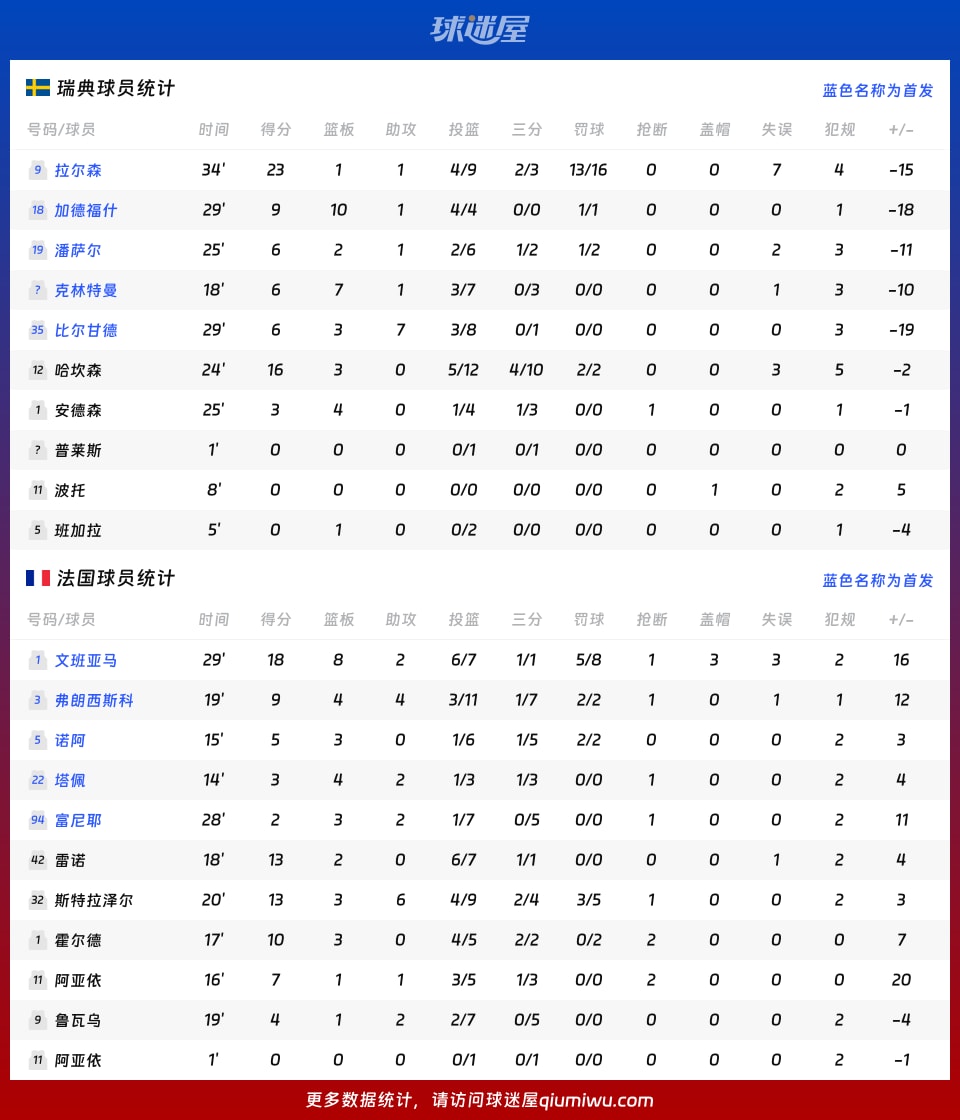 瑞典vs法国球员数据