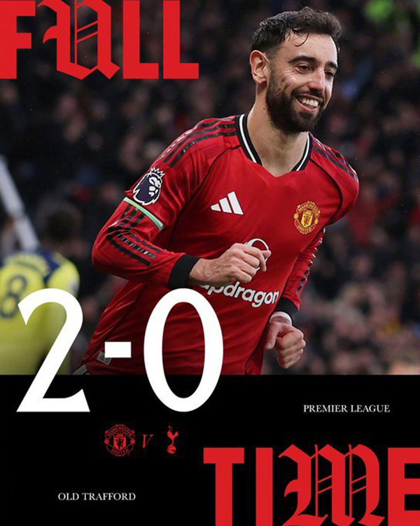 英超-曼联2-0十人热刺取得英超四连胜+7轮不败 B费解锁造200球