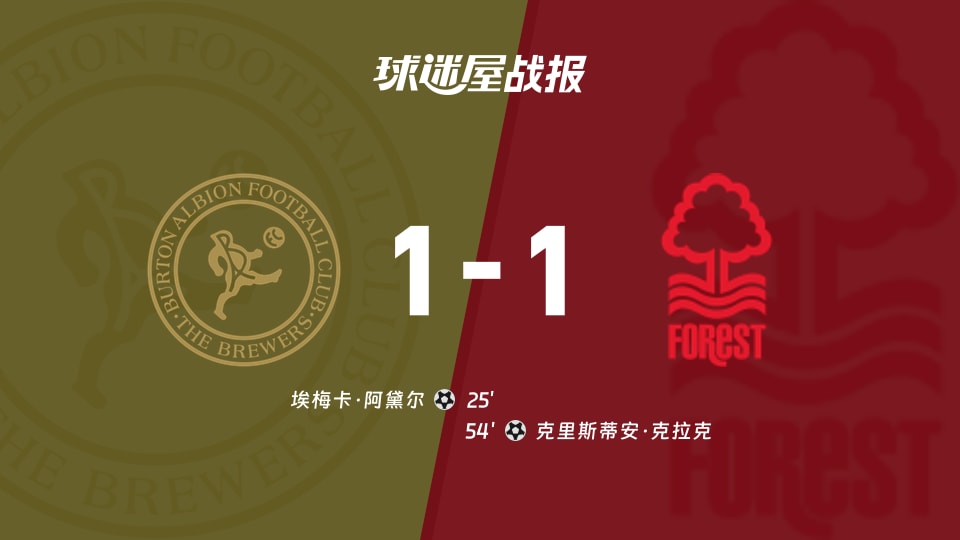 【英锦赛分组赛北】伯顿vs诺丁汉U21比赛结果:伯顿(1-1)诺丁汉U21比分战报(2026年09月23日)