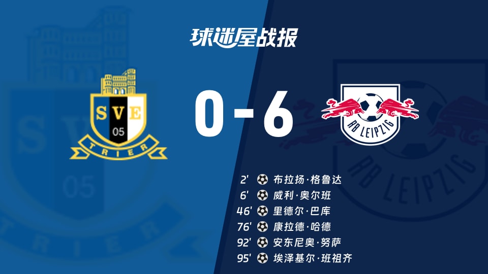 【德国杯第一圈】特里尔vsRB莱比锡比赛结果:特里尔(0-6)RB莱比锡比分战报(2026年08月23日)