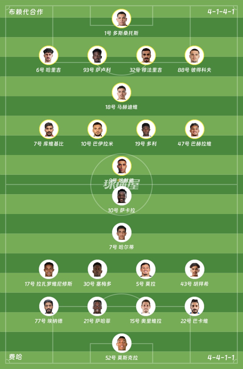 布赖代合作vs费哈首发阵容
