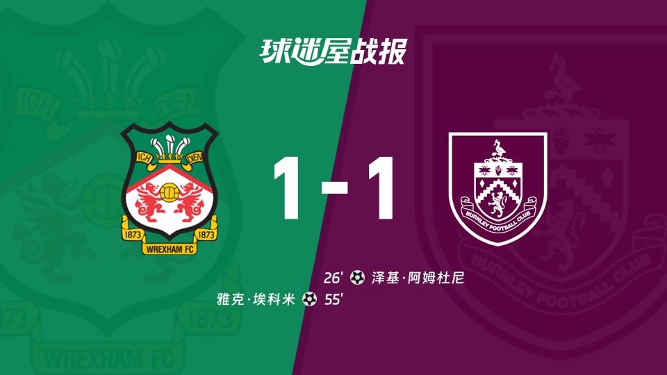 【英冠联赛第6轮】雷克瑟姆vs伯恩利比赛结果:雷克瑟姆(1-1)伯恩利比分战报(2026年09月09日)