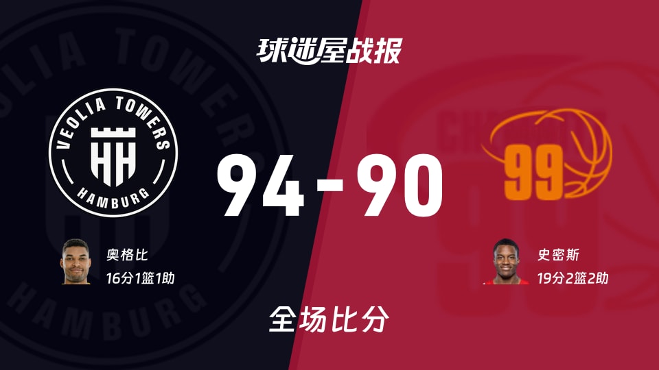 德篮甲汉堡vs开姆尼茨战报:94-90,奥格比16+1+1