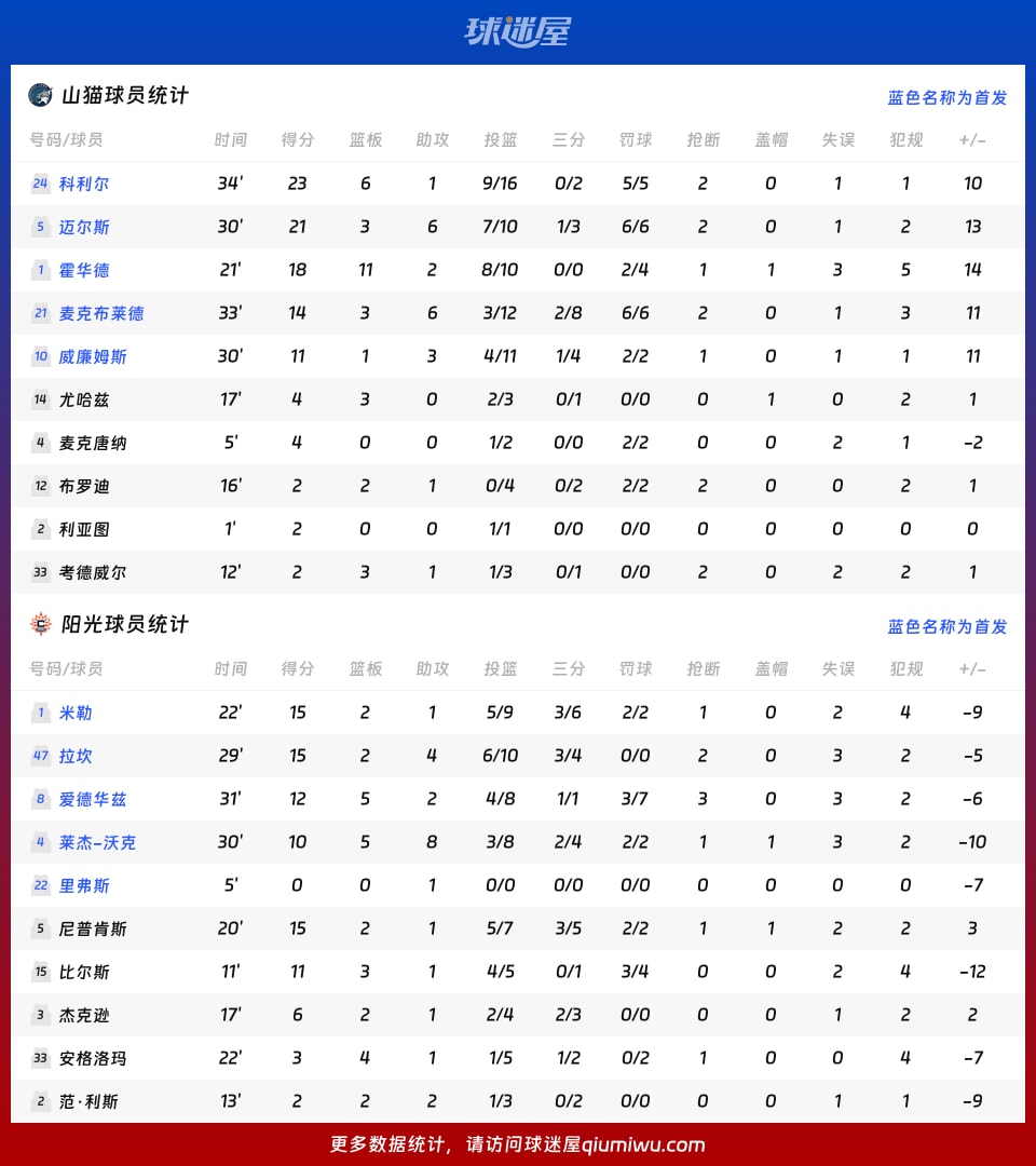 山猫vs阳光球员数据