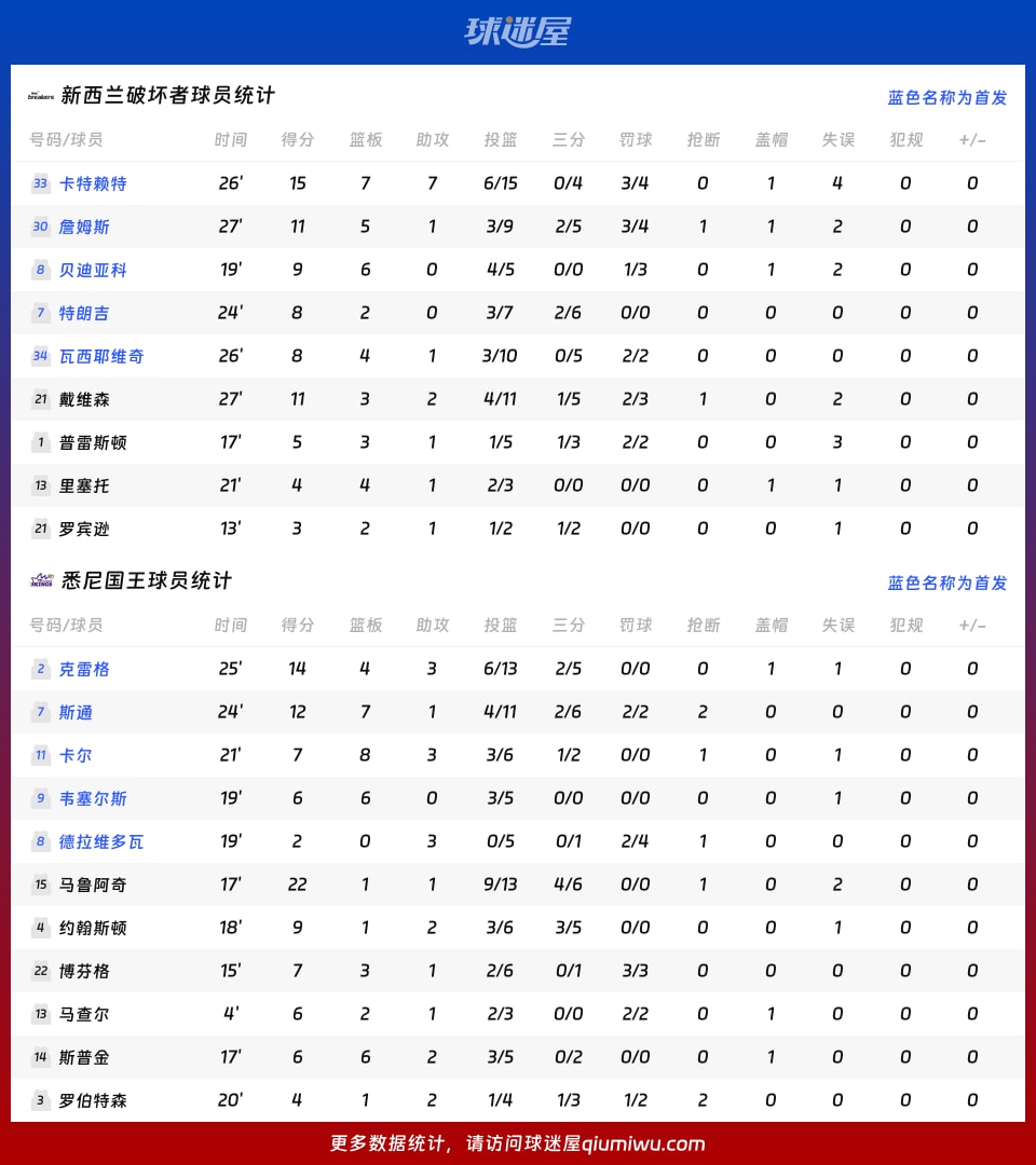 新西兰破坏者vs悉尼国王球员数据