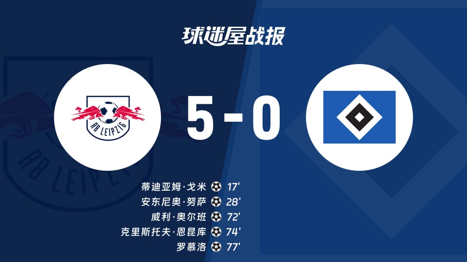 【德甲联赛第3轮】RB莱比锡vs汉堡比赛结果:RB莱比锡(5-0)汉堡比分战报(2026年09月13日)