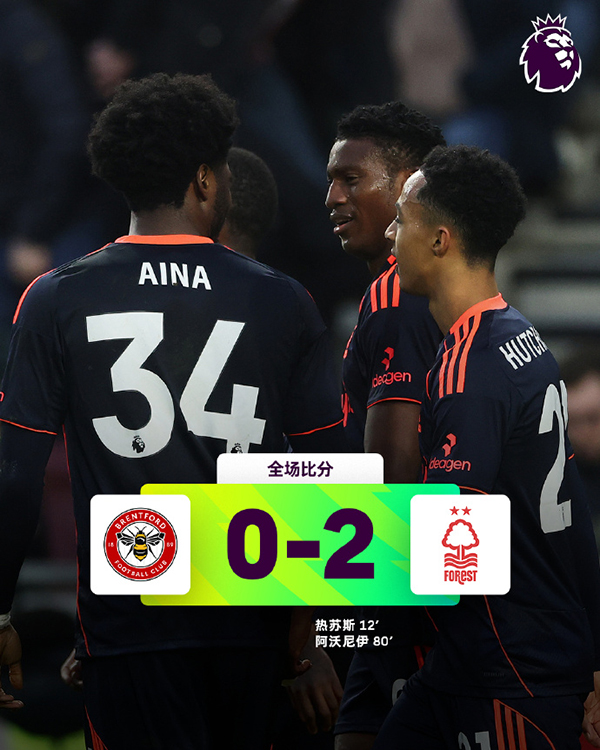 布伦特福德0-2诺丁汉森林，热苏斯、阿沃尼伊破门，森林终结三连败