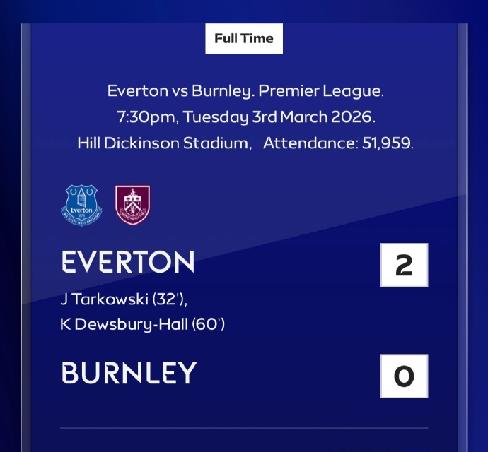 英超第29轮：埃弗顿2-0伯恩利 莫耶斯率队两连胜 太妃糖欧战梦渐近