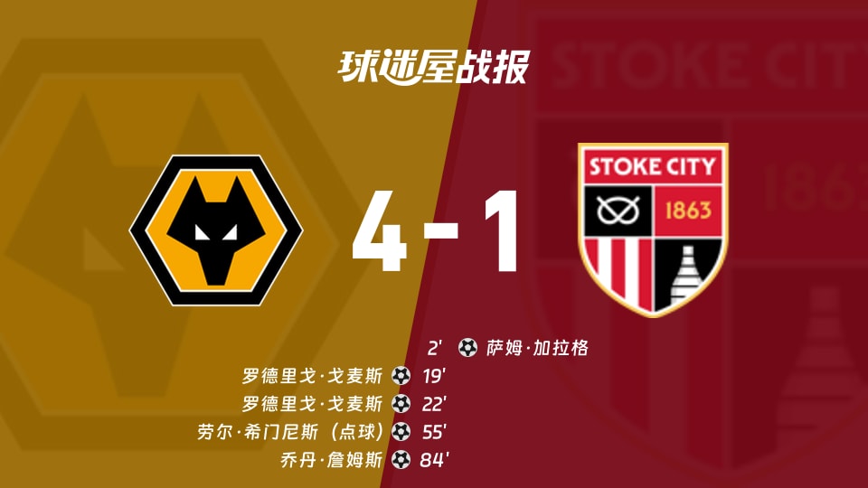 【英冠联赛第3轮】狼队vs斯托克城比赛结果：狼队(4-1)斯托克城比分战报(2026年08月29日)