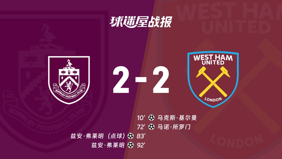 【英冠联赛第1轮】伯恩利vs西汉姆联比赛结果：伯恩利(2-2)西汉姆联比分战报(2026年08月16日)