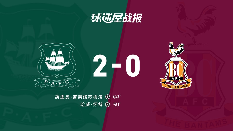 【英甲联赛第3轮】普利茅斯vs布拉德福德比赛结果:普利茅斯(2-0)布拉德福德比分战报(2026年08月29日)