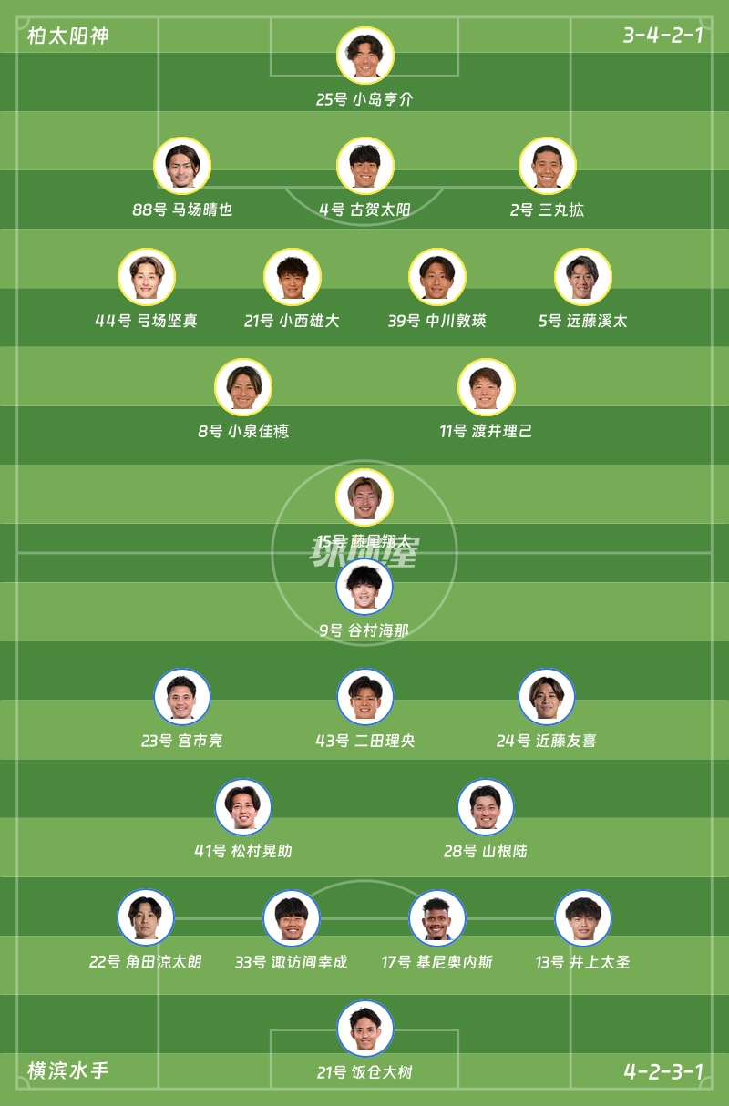 柏太阳神vs横滨水手首发阵容