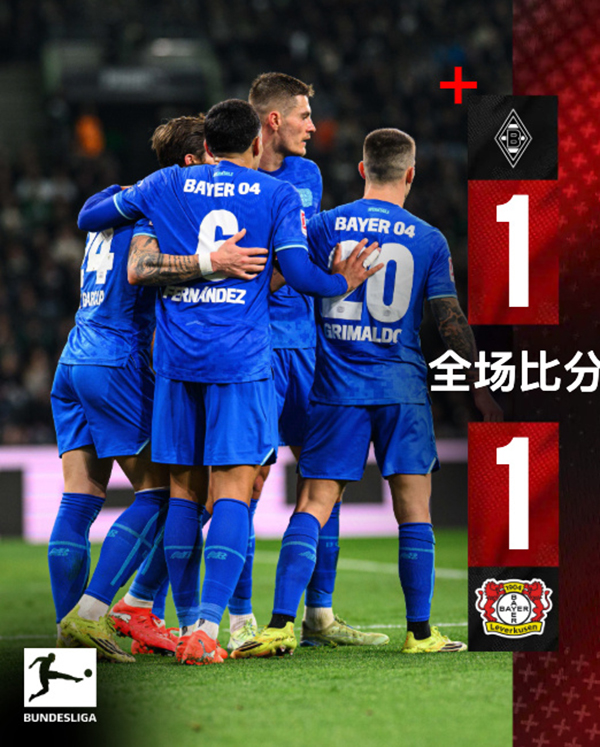 恩格尔哈特生日破门桑德尔乌龙送礼 门兴1-1勒沃库森握手言和