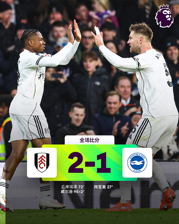 富勒姆2-1逆转布莱顿