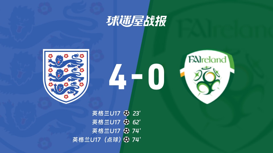 【国际友谊九月】英格兰U17vs爱尔兰U17比赛结果:英格兰U17(4-0)爱尔兰U17比分战报(2026年09月24日)