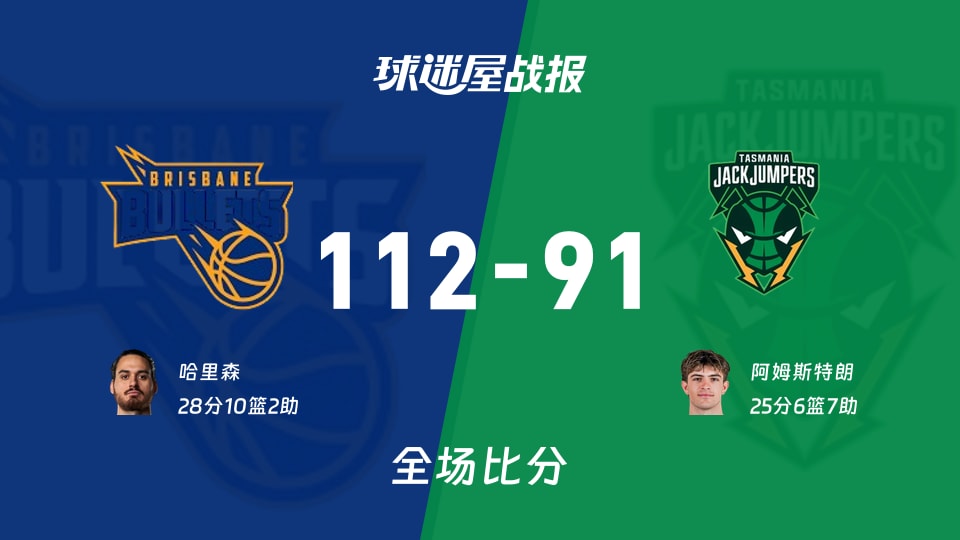 NBL布里斯班子弹vs塔斯马尼亚跳伞蚁战报:112-91,哈里森28+10+2