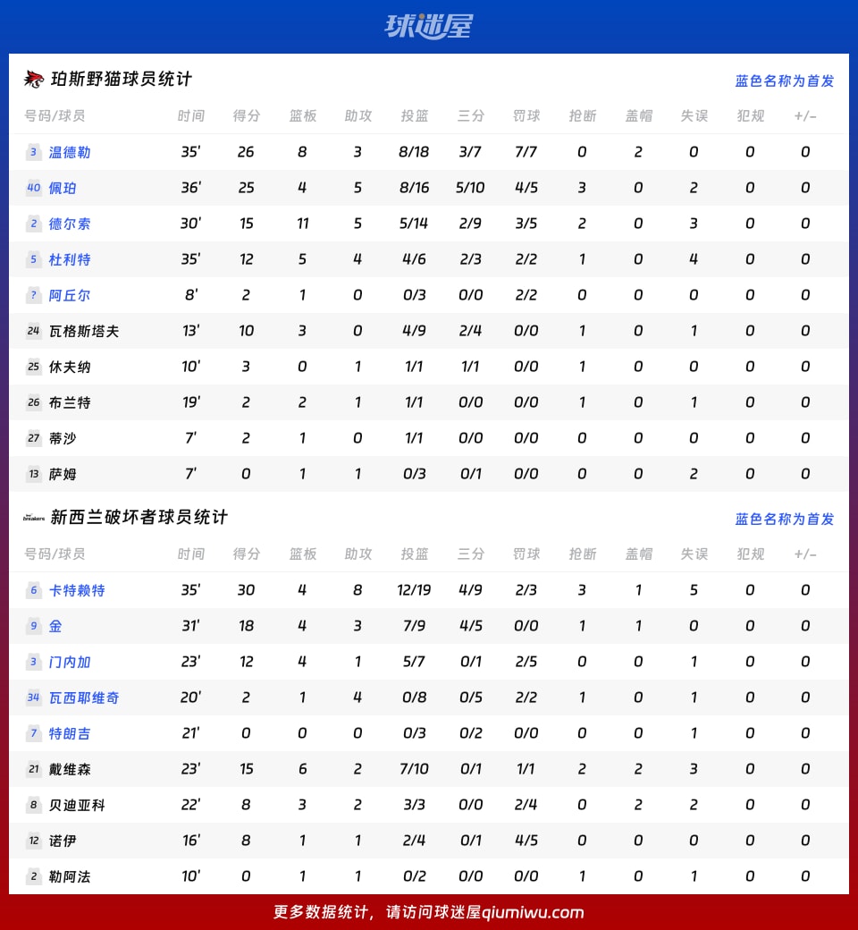 珀斯野猫vs新西兰破坏者球员数据