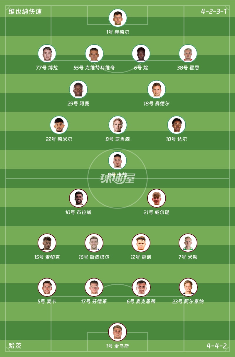 维也纳快速vs哈茨首发阵容