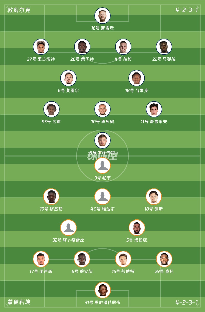 敦刻尔克vs蒙彼利埃首发阵容