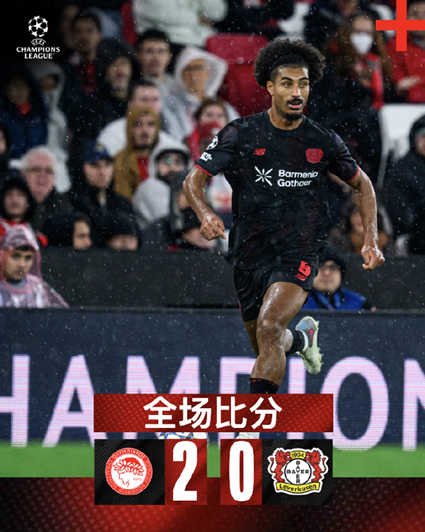 闪电开局+补时锁喉！奥林匹亚科斯2-0爆冷勒沃库森，药厂17脚射门无果